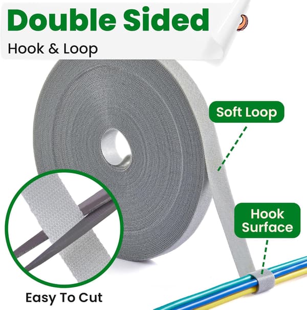 Datakabelbinder, dobbeltsidet velcro, grå, 1,2 cm x 5 m