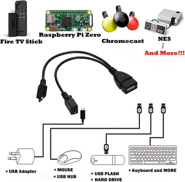 AuviPal 2-i-1 Micro USB til USB-adapter (OTG-kabel + strømkabel) til FireStick, Playstation Classic og mere