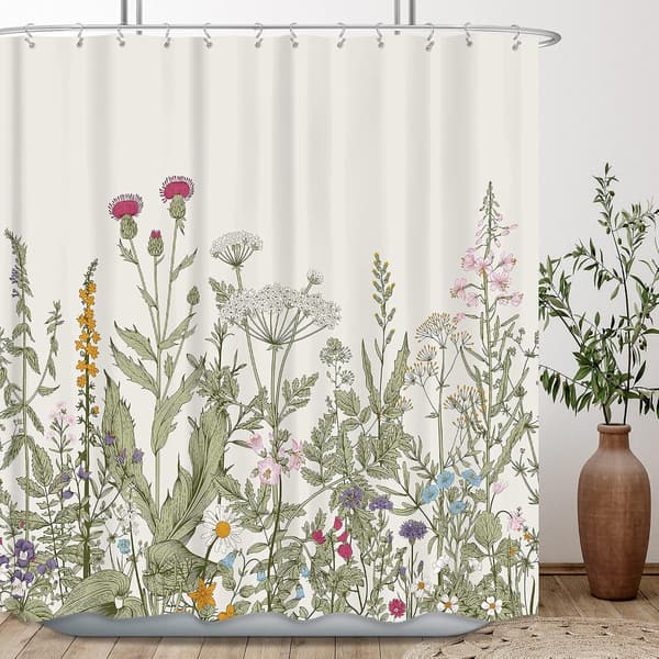 Bruseforhæng med vilde blomster og planter, badeværelsesindretning,