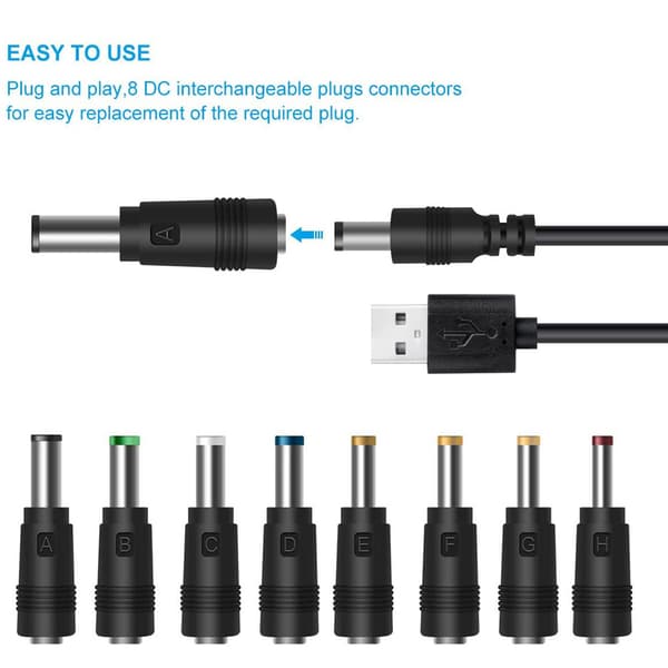 DC 5V strømkabel, universel USB til DC strømkabel med 9 stik