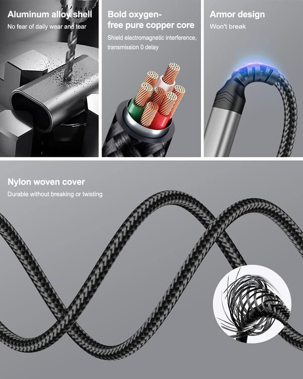 Bil Aux Lydkabel kompatibel iPhone, Lightning til 3,5 mm Nylon Stereo