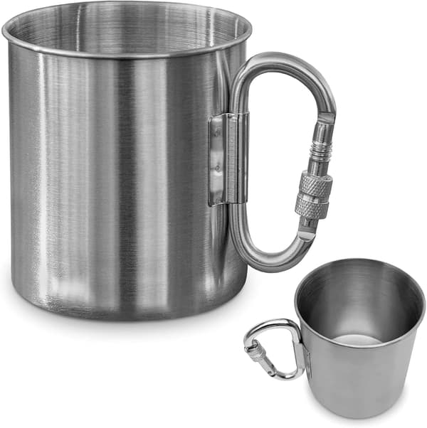 Campingmugg med karbinhake, 500 ml, rostfritt stål (metallisk)