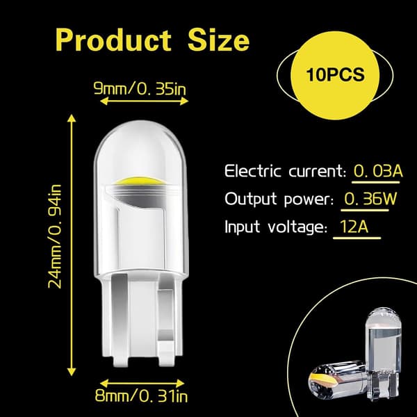(10 STK) W5W T10 LED Bilpærer - Bilinteriørlys (Hvid)
