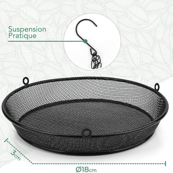Sort - Hængende fuglefoderbræt - Udendørs fuglefoderbræt - Diameter: 18 cm - Hængende metalfuglefoderbræt til fodring af fugle.