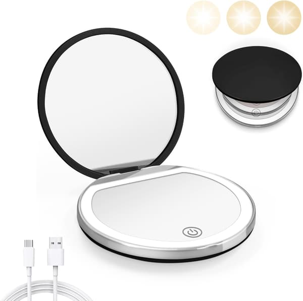 Musta mini meikkipeili valolla, 1x/2x suurennus LED-taskupeili | USB-datakaapeli