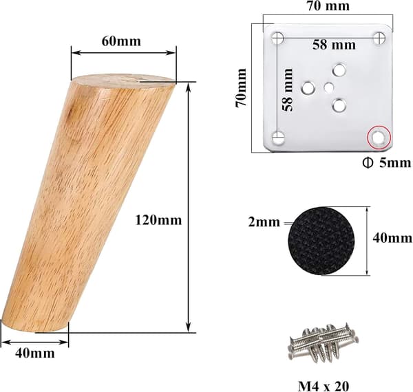 4 stk. 12 cm træmøbelben Massive koniske træbordben