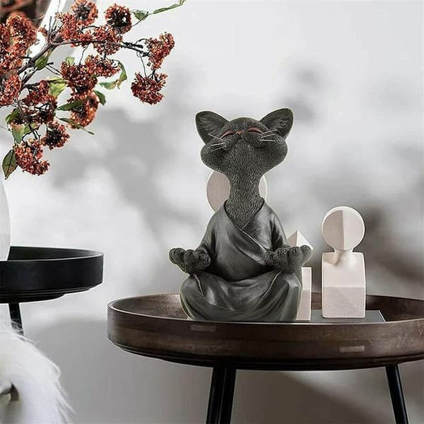 (12x12x18cm-Grå) Kat Buddha Statue - Glad Kat Buddha, Kat