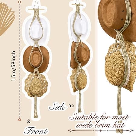 (Beige, tre hattar stil) Makramé hatthängare hatthållare för