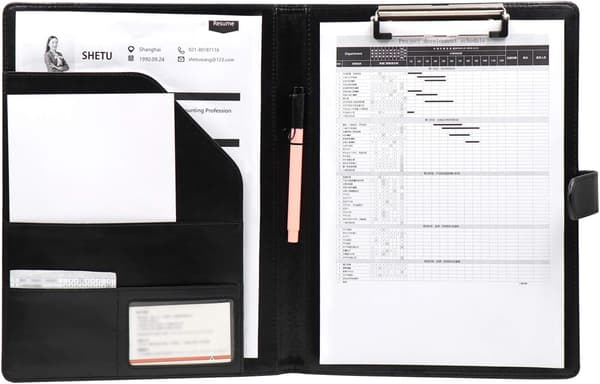 Sort - Lædermappe A4 Mappe Forretningsmappe Skrivemappe Clipboard Konferencearrangør med Not