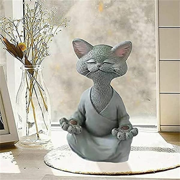 (12x12x18cm-Grå) Kat Buddha Statue - Glad Kat Buddha, Kat