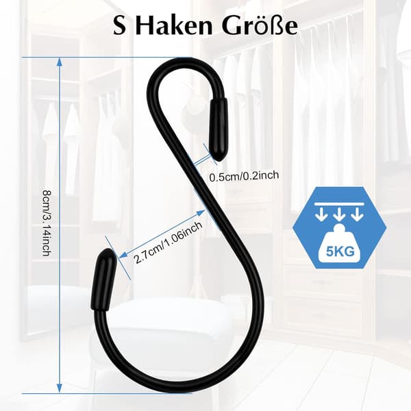 S-krokar 12-pack - Svart - 8 cm - S-formad - Maxlast: 5