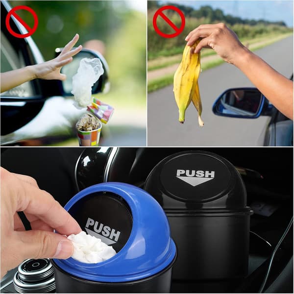 Sæt med 2 mini skraldespande til biler i plast - sort og blå