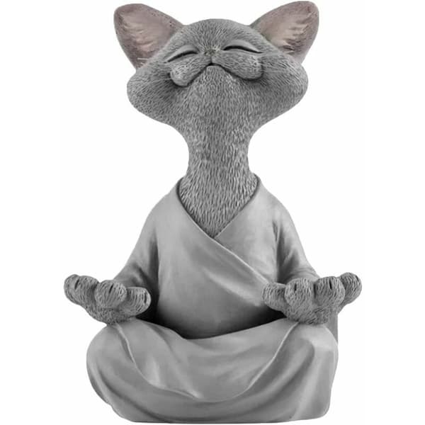 (12x12x18cm-Grå) Kat Buddha Statue - Glad Kat Buddha, Kat