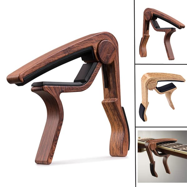 Mörk gitarr-capo för akustisk gitarr, ukulele, elgitarr, bas med träfärgade plektrum