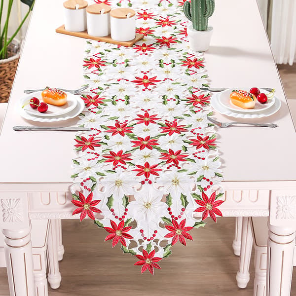 Julbordslöpare, vit med röda blommor, 38*176 CM