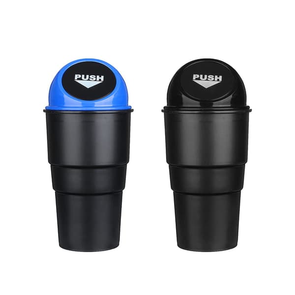 Sæt med 2 mini skraldespande til biler i plast - sort og blå
