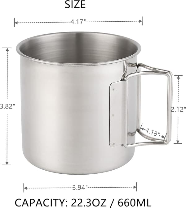 Campingmugg Utomhuskoppset - Rostfritt Stål - med Vikbart Handtag, 2-pack, 660 ml/22,3 oz Kapacitet