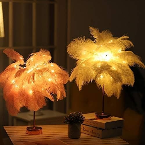 Strudsefjer bordlampe smedejern natlys LED kobber W