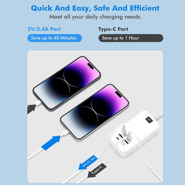 USB C, 6-ports USB-oplader, 2 USB-C-porte + 4 USB-A-porte, multi-U