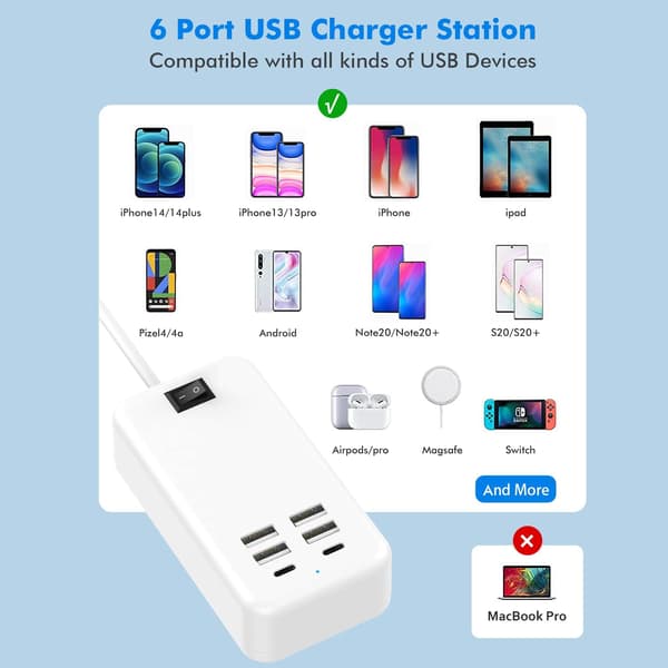 USB C, 6-portars USB-laddare, 2 USB-C-portar + 4 USB-A-portar, multi-U