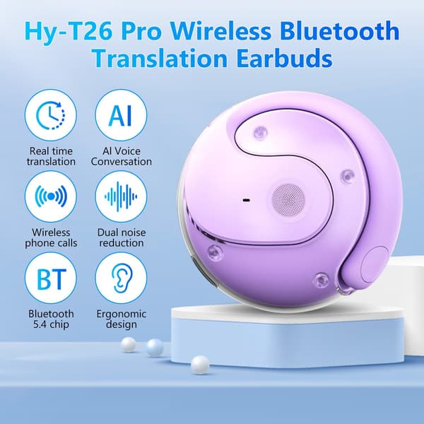 Språköversättningshörlurar, trådlöst Bluetooth-ljud, realtidsöversättare, stöder 144 språk (lila)
