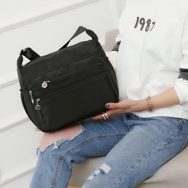 Nylon Oxford stofpose (sort), dame lærredstaske med Cas