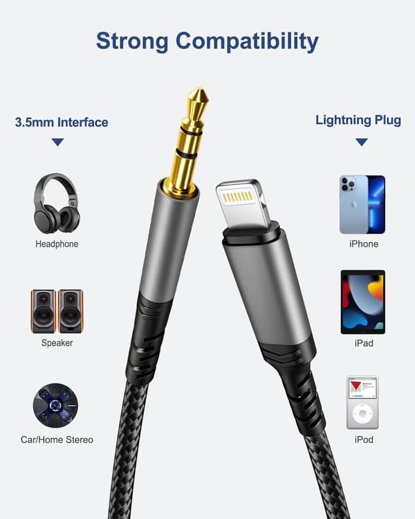 Bil Aux Lydkabel kompatibel iPhone, Lightning til 3,5 mm Nylon Stereo