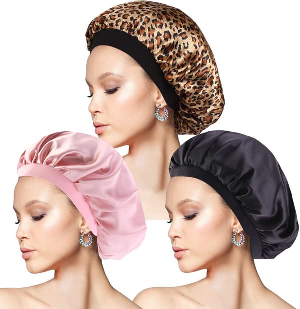 3-pak nathuer med satinhætter (sort, pink, leopard)