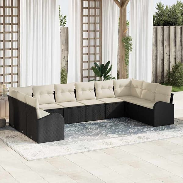 vidaXL Sofasæt med hynder 10 dele Sort Polyrattan