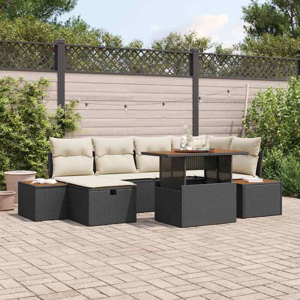 vidaXL Havesofa Sæt 7 pcs Sort polyrattan