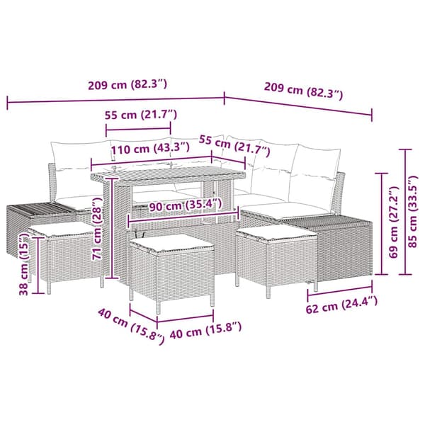 vidaXL Havesofa Sæt med pude 9 pcs Sort Poly rattan