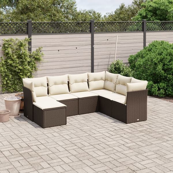 vidaXL sofasæt til haven 7 dele med hynder polyrattan brun