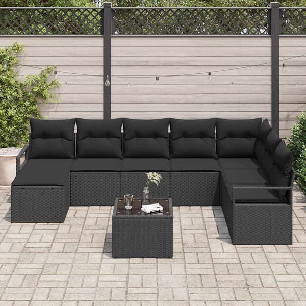 vidaXL Sofasæt med hynder og opbevaring 9 dele Sort polyrattan
