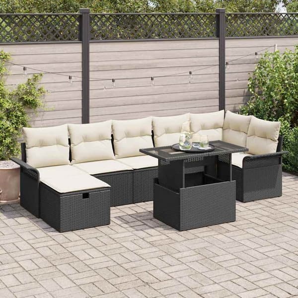vidaXL Havesofa Sæt med pude med opbevaring 8 pcs Sort Poly rattan