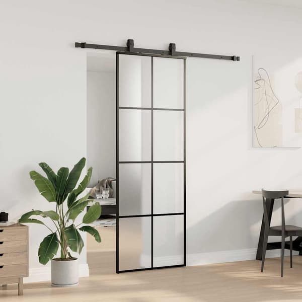 vidaXL Skydedør med monteringstilbehør sort 76x205 cm ESG-glas