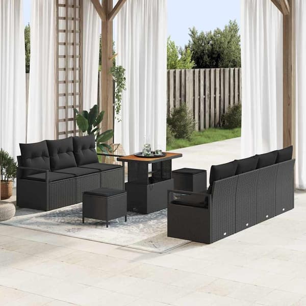 vidaXL Havesofa Sæt med pude 10 pcs Sort polyrattan