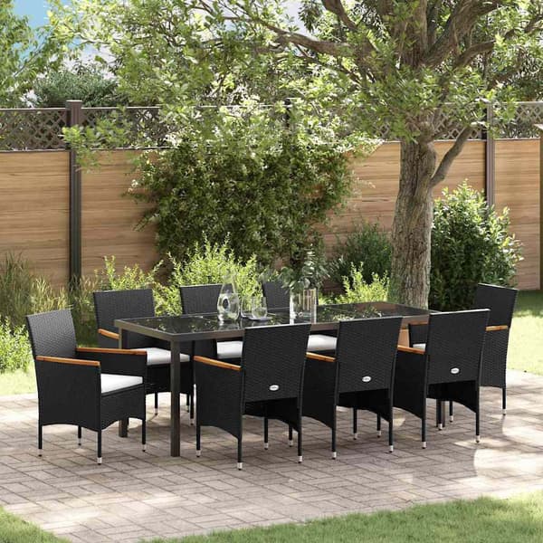 vidaXL Have Spisebordssæt med pude 9 pcs Sort Poly rattan