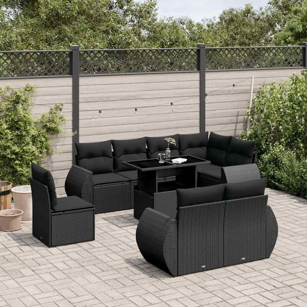 vidaXL sofasæt til haven 9 dele med hynder polyrattan sort