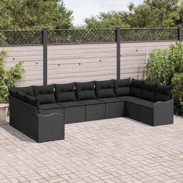 vidaXL Havesofa Sæt med opbevaring 10 pcs Sort polyrattan