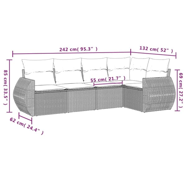 vidaXL sofasæt til haven 5 dele med hynder polyrattan sort