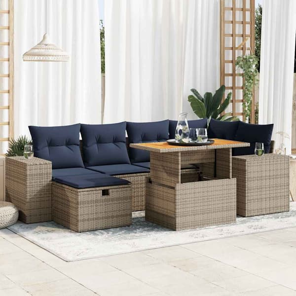 vidaXL sofasæt til haven 7 dele med hynder polyrattan akacietræ brun