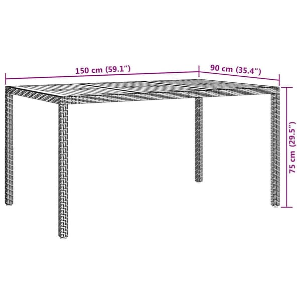 vidaXL Puutarhapöytä Harmaa 150 x 90 x 75 cm polyrottinki