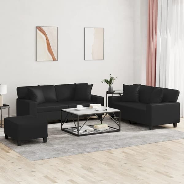 vidaXL sofasæt 3 dele med puder kunstlæder sort