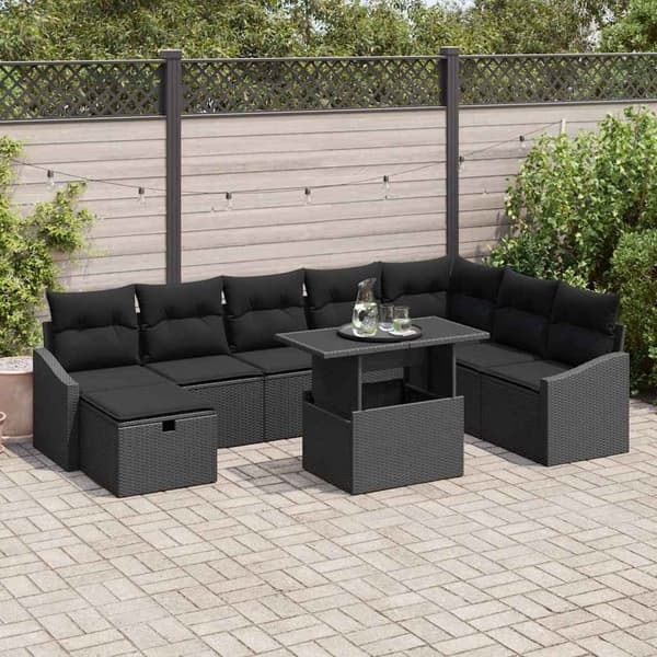 vidaXL Havesofa Sæt 9 pcs Sort polyrattan