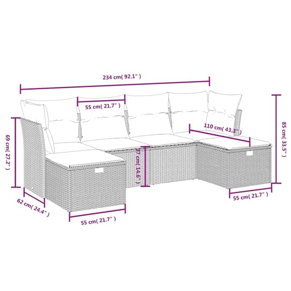 vidaXL sofasæt til haven 6 dele med hynder polyrattan brun
