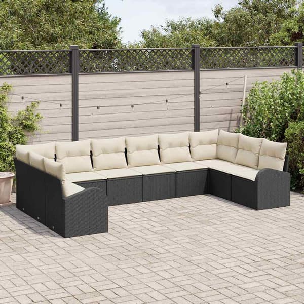 vidaXL Sofasæt med hynder 10 dele Sort Polyrattan