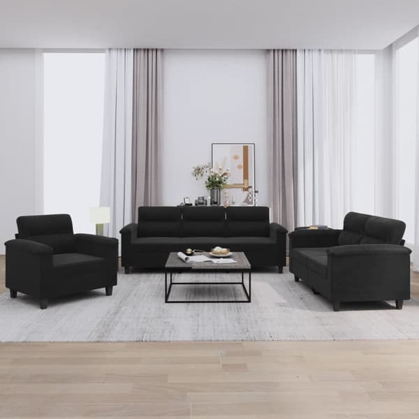 vidaXL sofasæt 3 dele med hynder mikrofiberstof sort