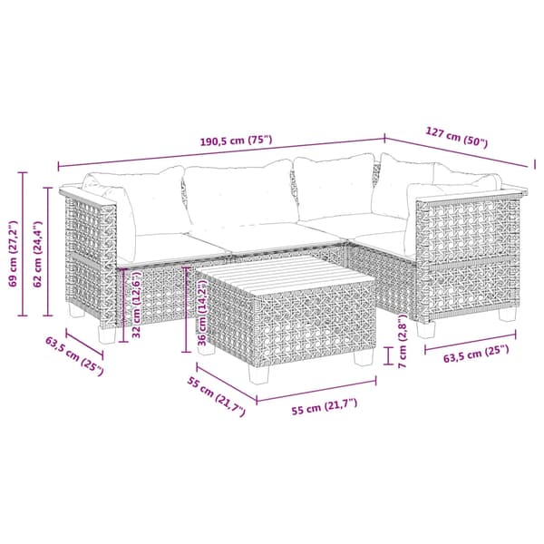vidaXL sofasæt 5 dele med hynder polyrattan grå