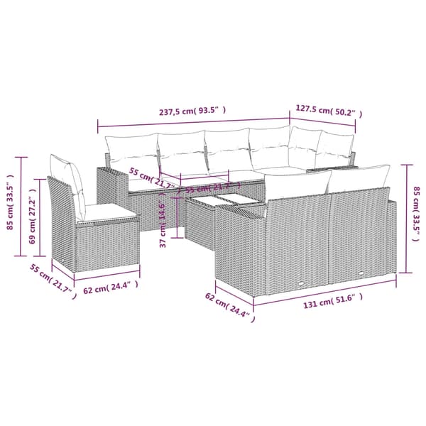 vidaXL sofasæt til haven 9 dele med hynder polyrattan beige