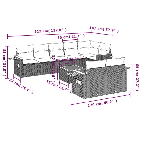vidaXL sofasæt til haven 9 dele med hynder polyrattan beige